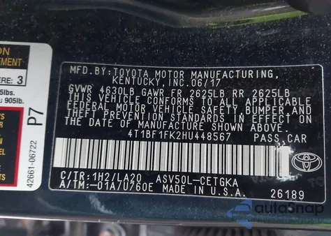 2017 Toyota Camry Xle z USA, uszkodzony, nr VIN 4T1BF1FK2HU448567